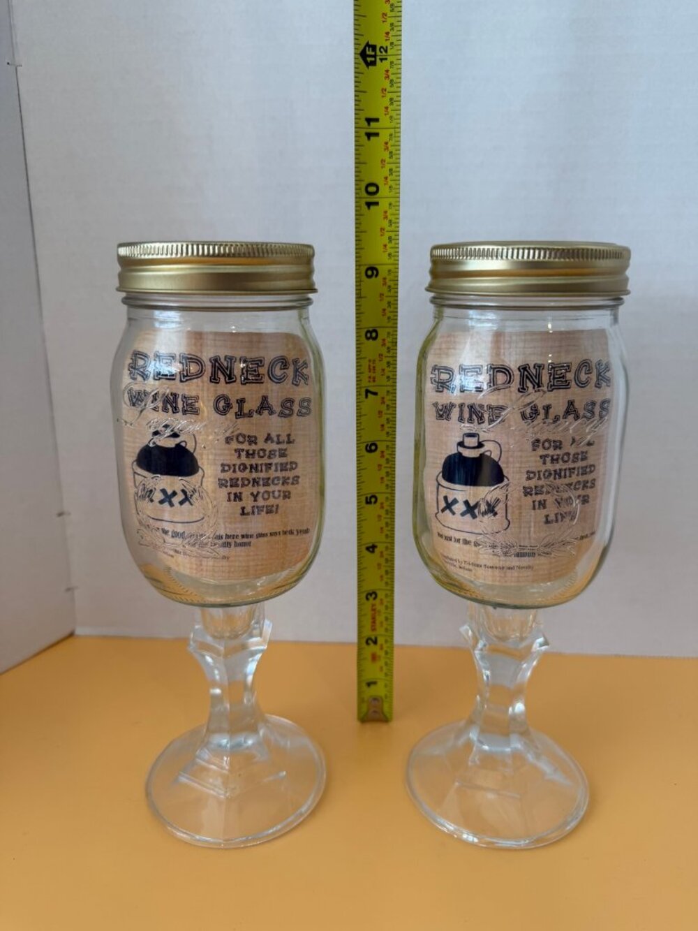 Redneck Wine Glass Set of 2 | Mason Jar Stemmed Goblets with Gold Lids